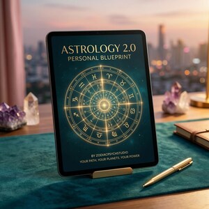 Puede incluir: Una tableta muestra "ASTROLOGY 2.0 PERSONAL BLUEPRINT" con un diseño de carta astral. La tableta está sobre un soporte dorado, con un bolígrafo dorado y un libro encuadernado en cuero. Cristales de amatista y un paisaje urbano son visibles.