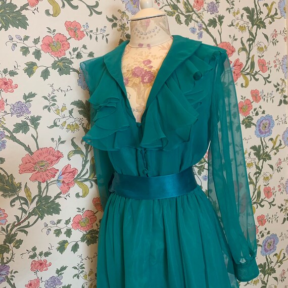 1970’s Victor Costa teal ruffle party dress - image 7