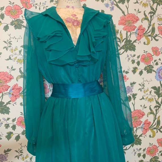 1970’s Victor Costa teal ruffle party dress - image 3