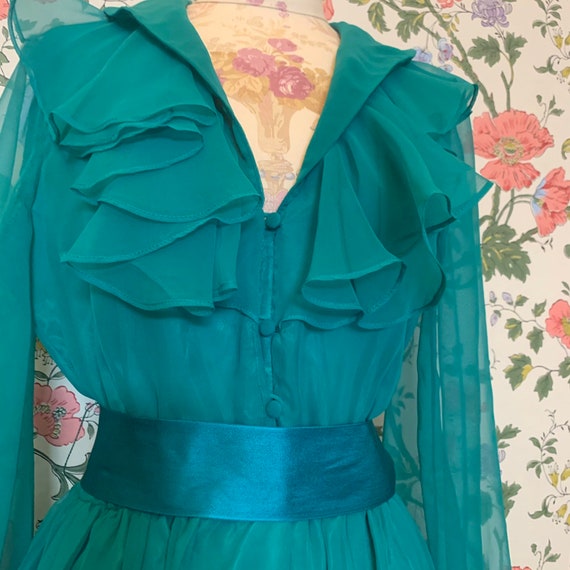 1970’s Victor Costa teal ruffle party dress - image 8