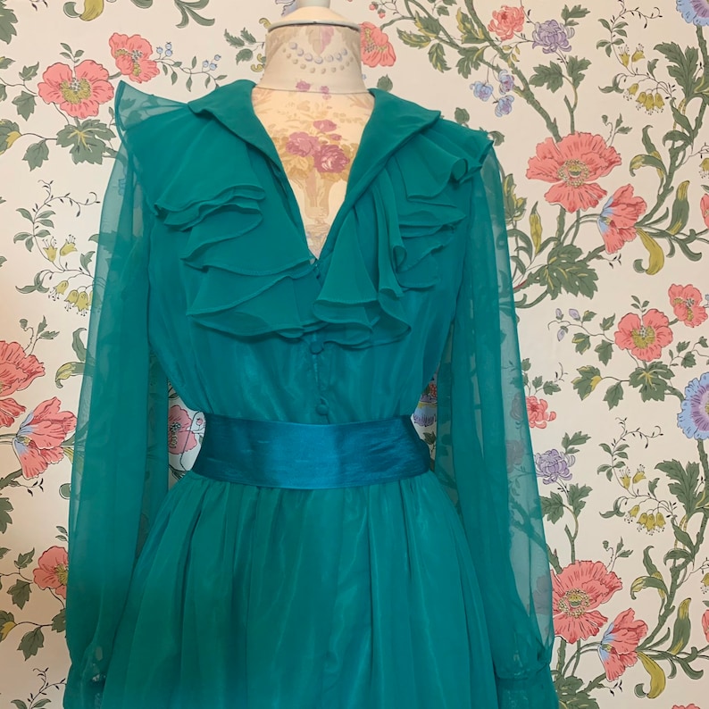 1970s Victor Costa teal ruffle party dress image 1