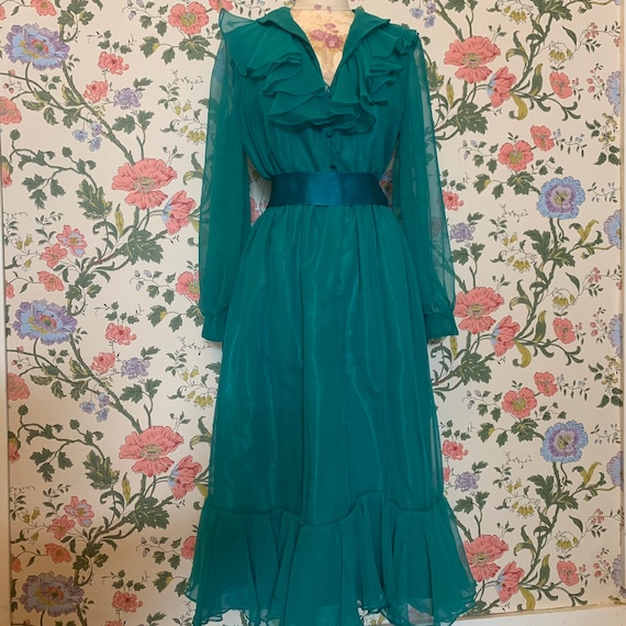 1970’s Victor Costa teal ruffle party dress - image 2