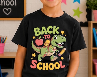 Back to School T-Rex Shirt, Cute Dinosaur Backpack Pencil Kids Tees, Bella Canvas Cartoon Dino First Day of School Toddler Youth Gift Outfit