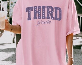 Custom Grade Shirt, Comfort Colors Cute Heart Letter Collegiate Tee, Cursive Script 3rd Grade Back to School Teacher Appreciation Gift