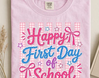 Happy First Day of School Comfort Colors Shirt, Coquette Bow Gingham Plaid Tee, Colorful Preppy Back to School Teacher Appreciation Gift Tee