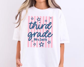 Custom Grade Teacher Name Shirt, Comfort Colors Preppy Pastel Star Stripe Tee, Pre-K Kinder Back to School Teacher Appreciation Gifts