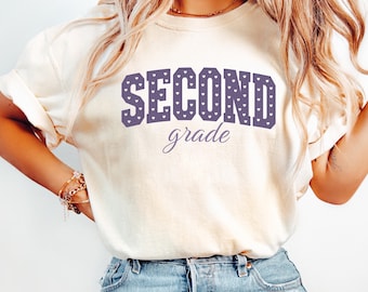 Custom Grade Shirt,  Comfort Colors Polka Dot Varsity Letter Cursive Tees, 2nd Grade Back to School Teacher Student Appreciation Gifts