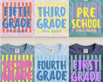 Custom Grade Name Teacher Shirt, Comfort Colors Bold Retro Striped Back to School Tee, Personalized Teacher Team Matching Gift