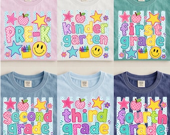 Custom Grade Level Shirt, Colorful Doodle Smiley Polka Dot Tee, Comfort Colors Pre-K Kinder Back to School Teacher Student Appreciation Gift