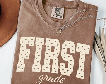 Custom Comfort Colors Grade Shirt, Cute Heart Varsity Letter Cursive T-Shirt, First Grade, Back to School Teacher Student Appreciation Gifts