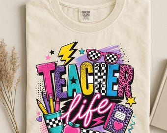 Comfort Colors Teacher Life Shirt, Retro Groovy Neon Colorful Checkered Tee, Back to School Teacher Gift Educator Fun Classroom