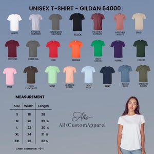 May include: A Gildan 64000 unisex t-shirt color chart displaying twenty-one solid color options including white, heather, red, orange, green, blue, and earth tones. A size chart lists widths and lengths in inches for sizes S through 2XL.