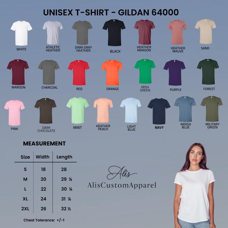 May include: A Gildan 64000 unisex t-shirt color chart displaying twenty-one solid color options including white, heather, red, orange, green, blue, and earth tones. A size chart lists widths and lengths in inches for sizes S through 2XL.