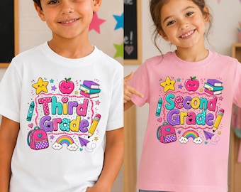 Custom Grade Level Shirt, Comfort Colors Kawaii Bubble Letter Rainbow Backpack Cute Apple Tee, Pre-K Kinder Back to School Student Kids Gift