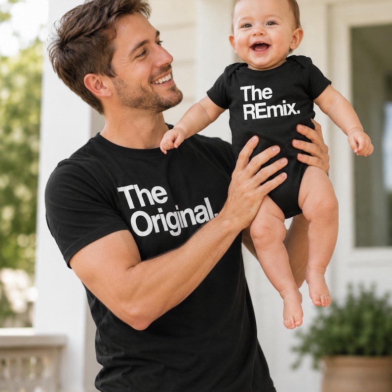 The Original And Remix Daddy Baby Tshirt Set, New Dad Clothing Gifts, Matching Family Outfits, Cute Infant Bodysuit, Fatherhood Apparel Tops image 3