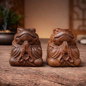 Puede incluir: Dos figuras de rana de madera en posición sentada con las manos juntas en oración. Las ranas están talladas en madera de color marrón oscuro y tienen rasgos faciales detallados. Están sentadas sobre una superficie de madera.