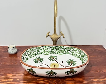 Lavabo ovalado de cerámica marroquí hecho a mano – Lavabo sobre encimera con diseño de palmera – Regalo perfecto para inauguración de casa – Decoración de baño de lujo