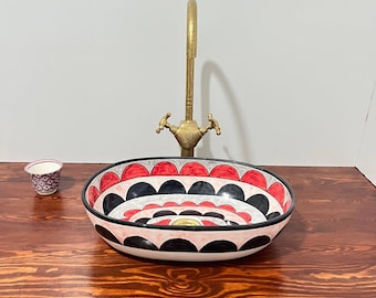 Luxury Handmade Moroccan Oval Vessel Sink – Red & Black Ceramic Bathroom Basin, Artisan Vanity Sink, Unique Home Decor