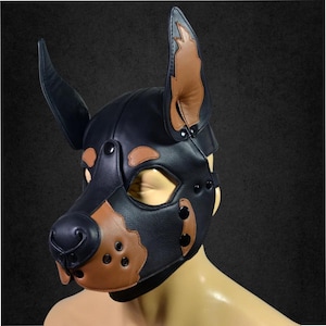 Leather Doberman Puppy Hood Tan - Removable Muzzle Pup Play Mask - Realistic Doberman Ear Hood - Adjustable Pet Play Mask