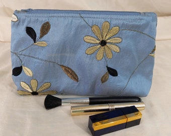 Cosmetic Bag~Earth Friendly~Environmentally Friendly~Recycled Fabric~Eco Chic~Embroidered Dupioni Silk Cosmetic Bag~Will-O-Wisp~Sky