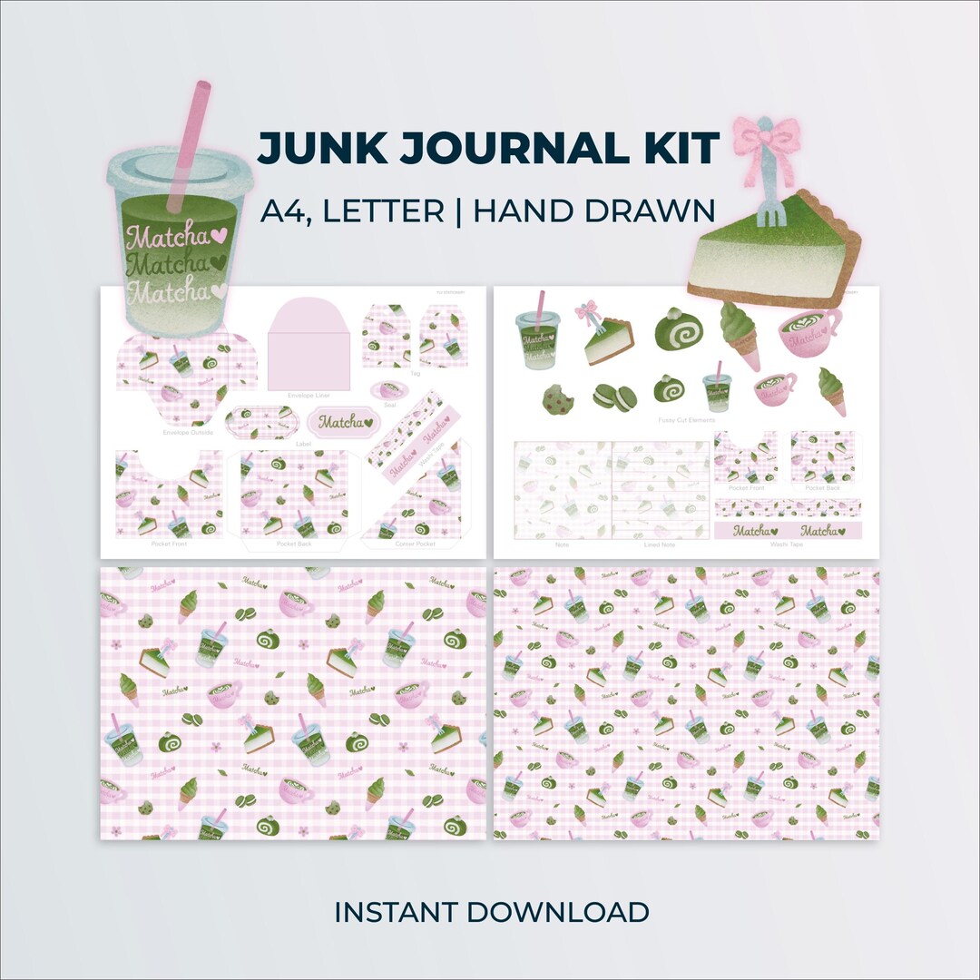 Matcha Lover Pink Junk Journal Printable Kit | Hand Drawn Scrapbook ...