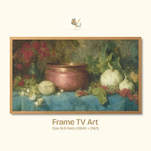 May include: A framed digital art print featuring a still life composition. The artwork showcases a copper pot, white gourds, and red flowers on a blue tablecloth. The frame is made of wood. The text "Frame TV Art" is visible at the bottom.
