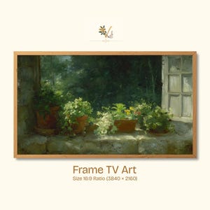Pode incluir: Uma impressão de arte digital emoldurada com uma cena de janela com plantas em vasos. A obra de arte mostra um parapeito de pedra com vários vasos de terracota cheios de plantas verdes e brancas. O fundo retrata uma vegetação exuberante e uma janela com molduras brancas.