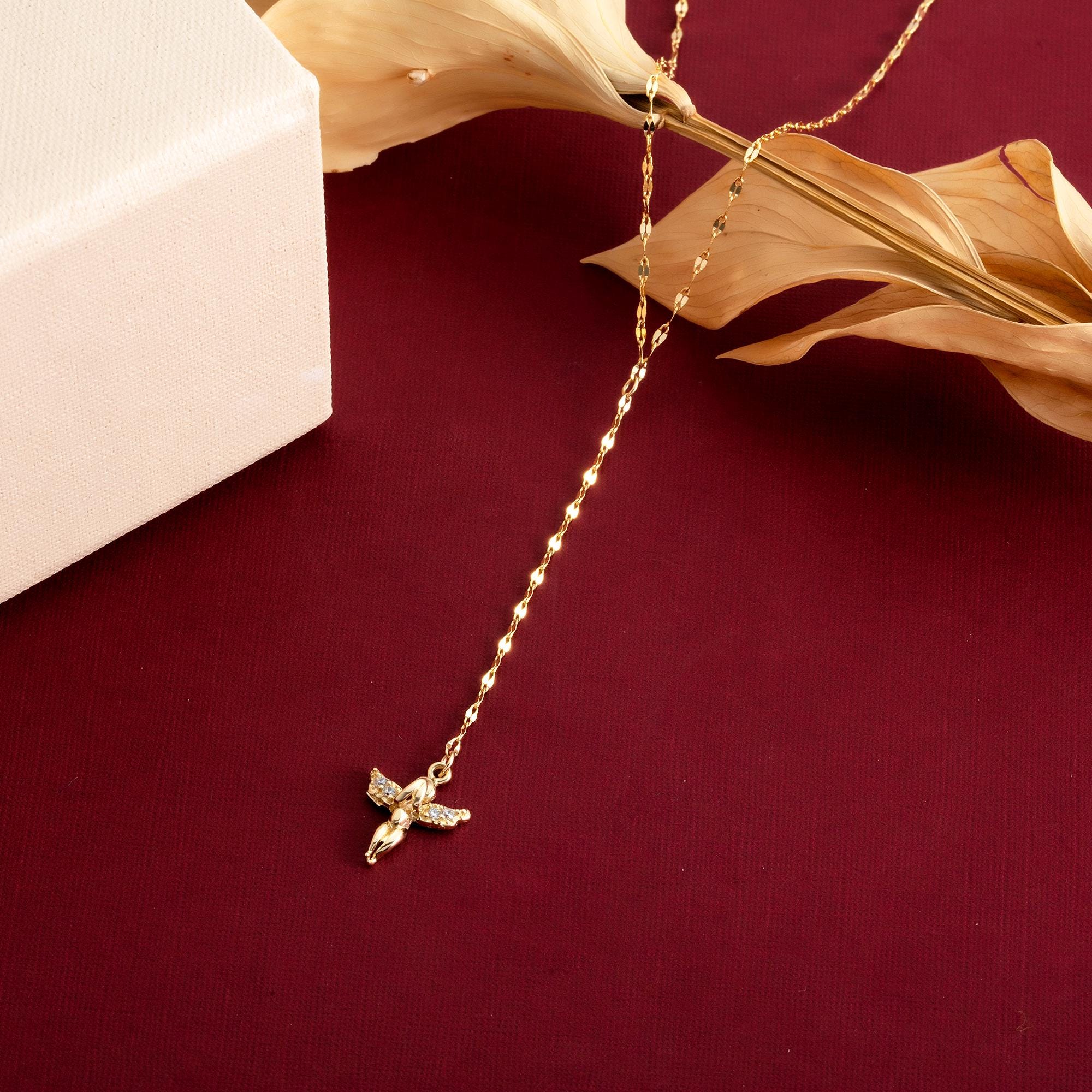14K Gold Angel Y Necklace: Dainty Tiny Angel Drop Pendant - Etsy