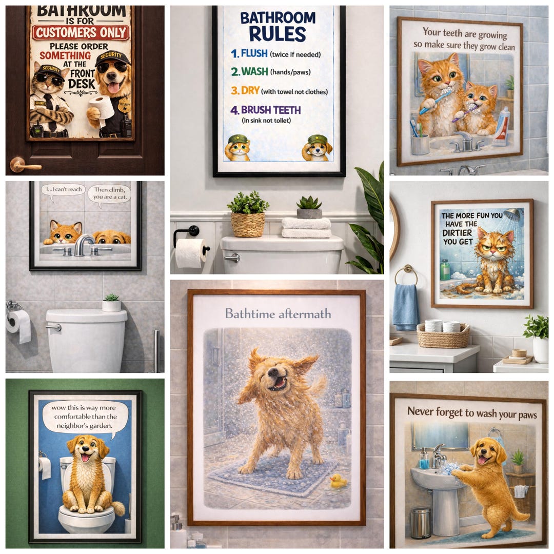 Funny Bathroom Prints Bundle – Dogs & Cats Wall Art – Cute Animal ...