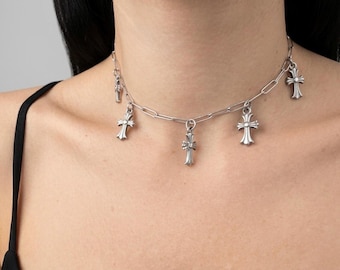 Cross Pendant Stainless Steel Choker | Alternative Style Jewelry | Paperclip Chain Necklace