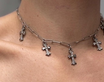Gothic Cross Choker Necklace | Paperclip Chain, Grunge Style Jewelry