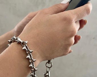 Spiked Stainless Steel Phone Strap | Detatable Key Chain and Bag Charm | Alternative Style Wristlet