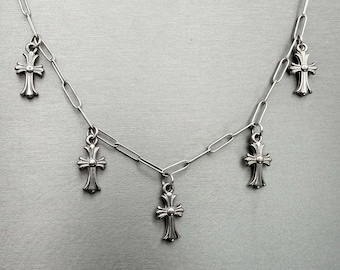 Gothic Cross Choker Necklace | Paperclip Chain, Grunge Style Jewelry