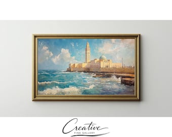 Vintage Coastal Frame TV Art, Hassan II Mosque Seascape, Impressionist Travel Poster (Digital Download)