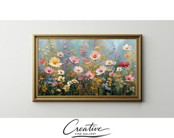 Floral Meadow Art, Romantic Wildflower Landscape, Pastel Impressionistic Print (Digital Download)