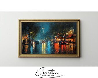Seattle Skyline Night Rain, Samsung Frame TV Art, Moody City Lights (Digital Download) 82