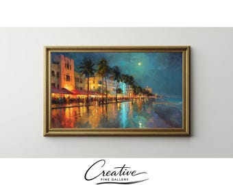 Miami South Beach Oil Painting, Art Deco City Lights Coastal Print (Digital Download)