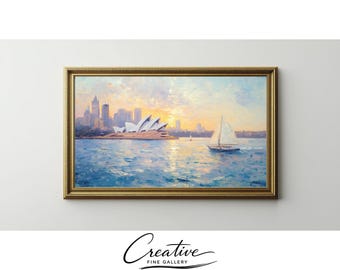 Coastal Sydney Harbour Oil Painting, Pastel Opera House Sailboat Scene (Digital Download)