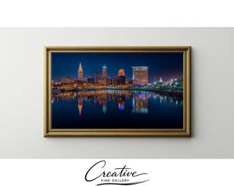 Cleveland Ohio Skyline Night Frame TV Art, City Lights Waterfront (Digital Download) 65