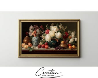Vintage Moody Floral Still Life Painting, Farmhouse Decor (Digital Download)