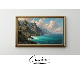 Vintage Hawaiian Coastline Frame TV Art, Tropical Island Landscape (Digital Download) 160