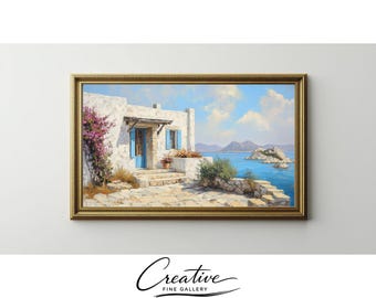 Vintage Greek Island Cottage Oil Painting, Mediterranean Coastal Wall Art (Digital Download)