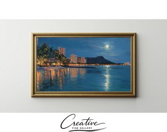 Waikiki Beach Night Samsung Frame TV Art Coastal Moonlit (Digital Download) 68