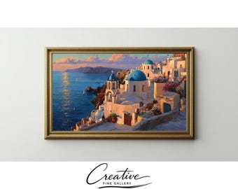 Samsung Frame TV Art, Mediterranean Coastal Village Sunset Painting (Digital Download) 169