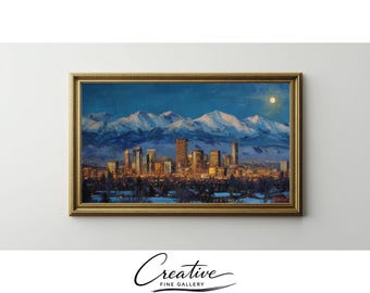 Samsung Frame TV Art, Denver Skyline Winter Night, Snowy Mountains (Digital Download) 66
