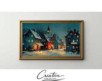 Cozy Village Christmas Art, Vintage Winter Scene, Glowing Windows, Church Steeple (Digital Download)