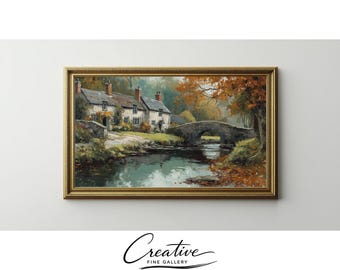 Cottagecore Autumn Landscape Painting, English Cottages, Woodland Stream Art (Digital Download)