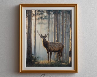 Moody Elk Sunrise Forest Print – Rustic Wildlife Oil Painting (Digital Download)