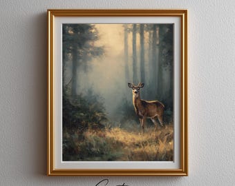 Deer in Misty Forest Oil Painting – Moody Cottagecore Wall Art (Digital Download)