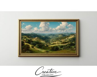 Farmhouse Landscape Art, Vintage Pastoral Valley Scene, Oil Painting Print (Digital Download)